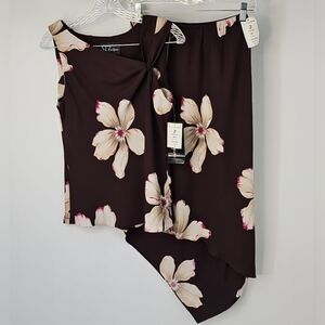 Vintage S.L. Fashion Y2K Rich Brown Floral Skirt Set w Dramatic Bust & Hemline